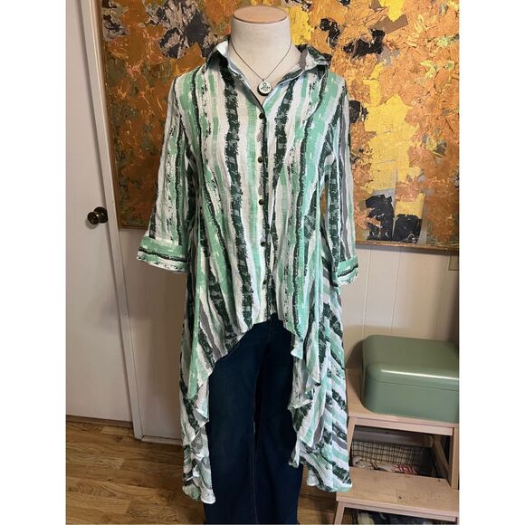 Patrizia Luca Italy Green Flowy High/Low Blouse Unique! L - Picture 2 of 7